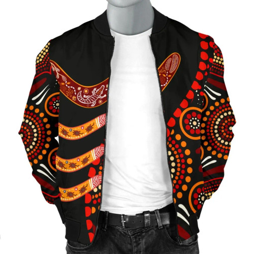 Australia Aboriginal Bomber Jacket - Aboriginal Boomerangs With Dot Painting Pattern Australia Aboriginal Bomber Jacket - Aboriginal Boomerangs With Dot Painting Pattern