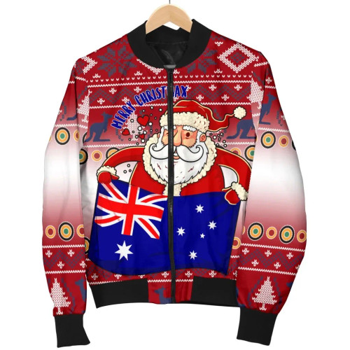 Australia Christmas Bomber Jacket - Australia Santa Claus Hold The Flag ( Red) Australia Christmas Bomber Jacket - Australia Santa Claus Hold The Flag ( Red)