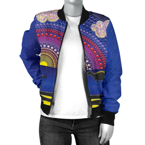 Australia Aboriginal Wo Bomber Jacket - Sunset Over The Sea And Kangaroo Dot Painting Australia Aboriginal Wo Bomber Jacket - Sunset Over The Sea And Kangaroo Dot Painting