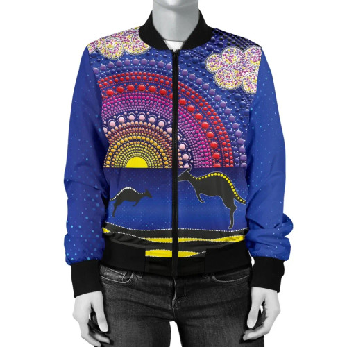 Australia Aboriginal Wo Bomber Jacket - Sunset Over The Sea And Kangaroo Dot Painting Australia Aboriginal Wo Bomber Jacket - Sunset Over The Sea And Kangaroo Dot Painting