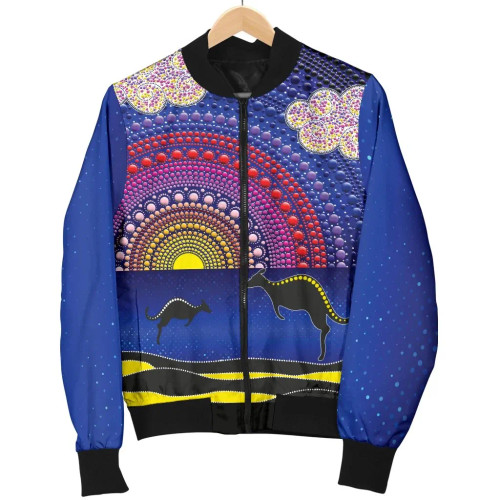 Australia Aboriginal Wo Bomber Jacket - Sunset Over The Sea And Kangaroo Dot Painting Australia Aboriginal Wo Bomber Jacket - Sunset Over The Sea And Kangaroo Dot Painting