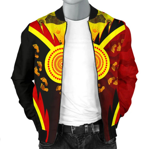 Australia Aboriginal Bomber Jacket - Indigenous Flag With Footprint Hand Art Australia Aboriginal Bomber Jacket - Indigenous Flag With Footprint Hand Art