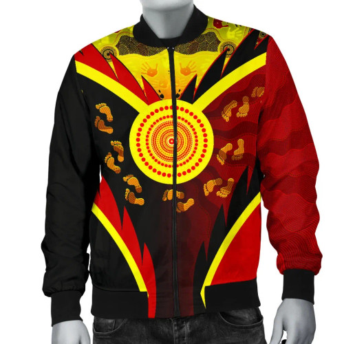 Australia Aboriginal Bomber Jacket - Indigenous Flag With Footprint Hand Art Australia Aboriginal Bomber Jacket - Indigenous Flag With Footprint Hand Art