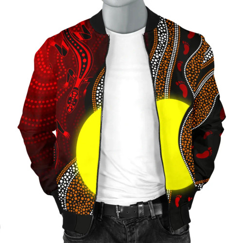 Australia Aboriginal Bomber Jacket - Aboriginal Flag Lizard Dot Painting Style Australia Aboriginal Bomber Jacket - Aboriginal Flag Lizard Dot Painting Style