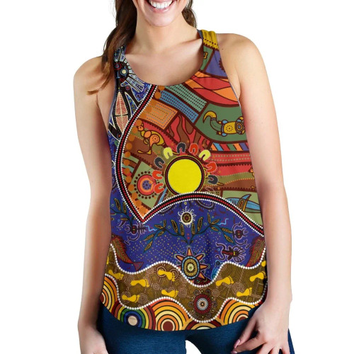 Australia Aboriginal Inspired Women Racerback Tank - Shaman People and Animals