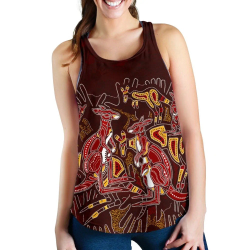 Australia Aboriginal Women Racerback Tank - Kangaroo family with Hand Art