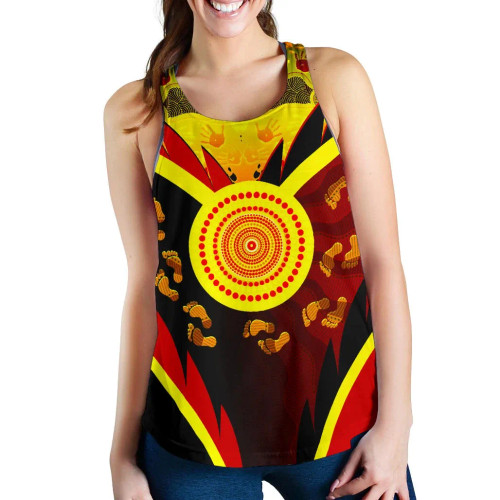 Australia Aboriginal Women Racerback Tank-  Indigenous Flag With Footprint Hand Art Australia Aboriginal Women Racerback Tank-  Indigenous Flag With Footprint Hand Art