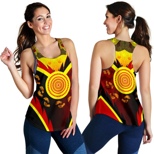 Australia Aboriginal Women Racerback Tank-  Indigenous Flag With Footprint Hand Art Australia Aboriginal Women Racerback Tank-  Indigenous Flag With Footprint Hand Art