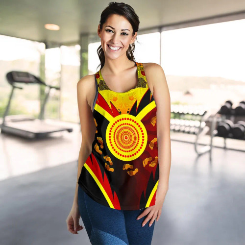 Australia Aboriginal Women Racerback Tank-  Indigenous Flag With Footprint Hand Art Australia Aboriginal Women Racerback Tank-  Indigenous Flag With Footprint Hand Art