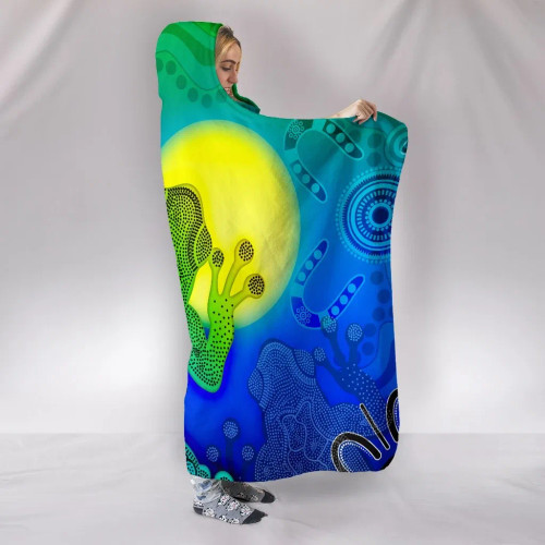 Australia Aboriginal Hooded Blanket - Indigenous Frog (Blue)