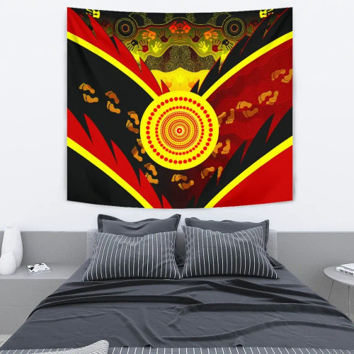 Australia Aboriginal Tapestry - Indigenous Flag With Footprint Hand Art Australia Aboriginal Tapestry - Indigenous Flag With Footprint Hand Art