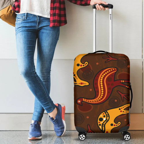 Australia Aboriginal Luggage Cover- Indigenous Kangaroo and Emu Brown Color