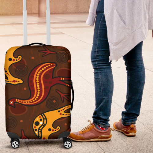Australia Aboriginal Luggage Cover- Indigenous Kangaroo and Emu Brown Color