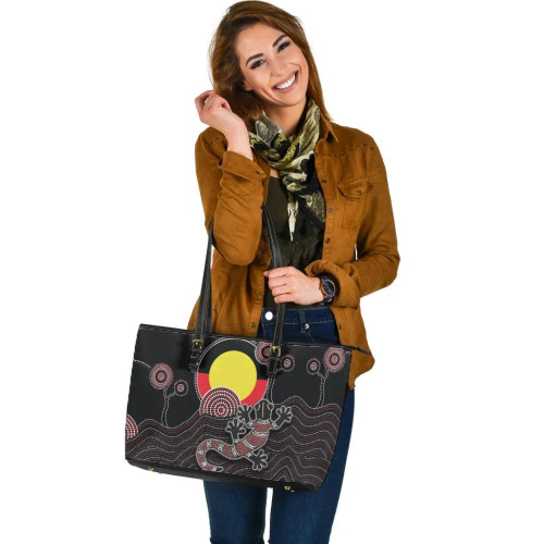 Australia Leather Tote Bag - Gecko Tribal Pattern with Aboriginal Flag