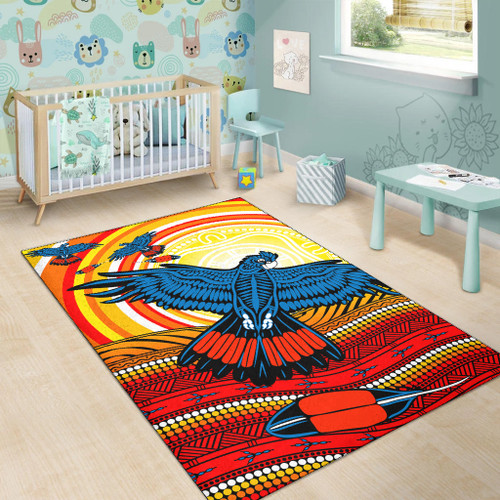 Australia Aboriginal Inspired Area Rug - Black Cockatoo Dot Painting Sunset Patterns Australia Aboriginal Inspired Area Rug - Black Cockatoo Dot Painting Sunset Patterns