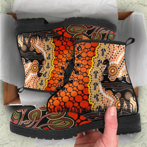 Australia Leather Boots - Australian Aboriginal Sun and Emu