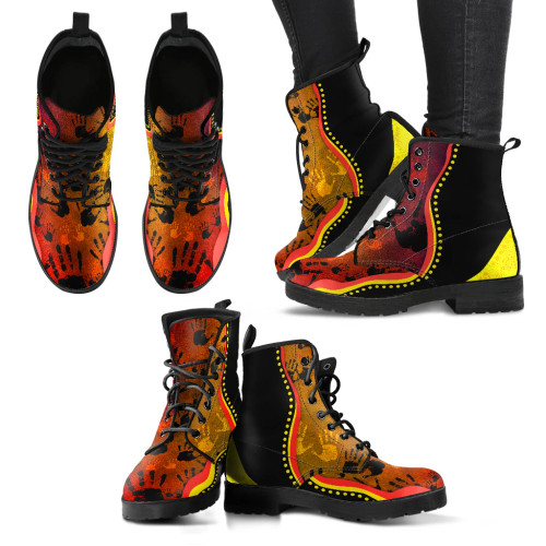 Australia Leather Boots - Aboriginal Rock Painting Hand Art Golden Fashion Style