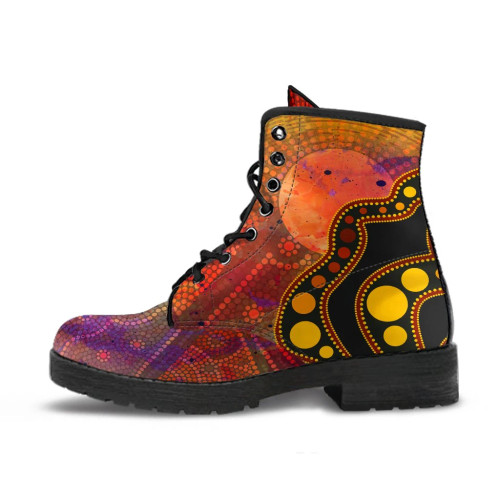 Australia Aboriginal Leather Boots - Australia Indigenous Flag Circle Dot Painting Art (Golden)
