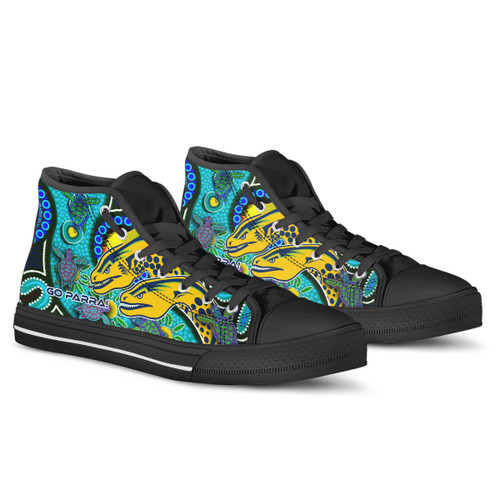 Parramatta Eels Custom High Top Shoes - Parramatta Eels Go Parra! Indigenous Culture Flag Dot Art Painting Parramatta Eels Custom High Top Shoes - Parramatta Eels Go Parra! Indigenous Culture Flag Dot Art Painting