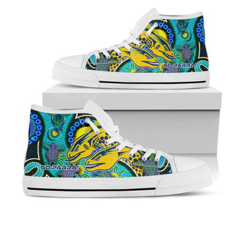 Parramatta Eels Custom High Top Shoes - Parramatta Eels Go Parra! Indigenous Culture Flag Dot Art Painting Parramatta Eels Custom High Top Shoes - Parramatta Eels Go Parra! Indigenous Culture Flag Dot Art Painting