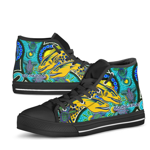 Parramatta Eels Custom High Top Shoes - Parramatta Eels Go Parra! Indigenous Culture Flag Dot Art Painting Parramatta Eels Custom High Top Shoes - Parramatta Eels Go Parra! Indigenous Culture Flag Dot Art Painting