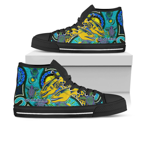 Parramatta Eels Custom High Top Shoes - Parramatta Eels Go Parra! Indigenous Culture Flag Dot Art Painting Parramatta Eels Custom High Top Shoes - Parramatta Eels Go Parra! Indigenous Culture Flag Dot Art Painting