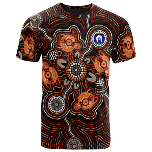 Australia Aboriginal Inspired Dot Painting Custom T-Shirt - Turtle Art With Indigenous Flag