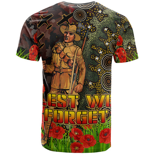 Australia Anzac T-shirt - Anzac Soldier with Remembrance Poppy and Indigenous Patterns T-shirt Australia Anzac T-shirt - Anzac Soldier with Remembrance Poppy and Indigenous Patterns T-shirt