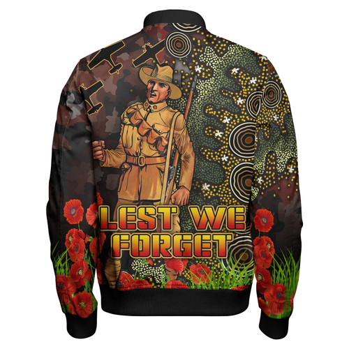 Australia Anzac Bomber Jacket - Anzac Soldier with Remembrance Poppy and Indigenous Patterns Bomber Jacket Australia Anzac Bomber Jacket - Anzac Soldier with Remembrance Poppy and Indigenous Patterns Bomber Jacket