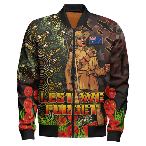 Australia Anzac Bomber Jacket - Anzac Soldier with Remembrance Poppy and Indigenous Patterns Bomber Jacket