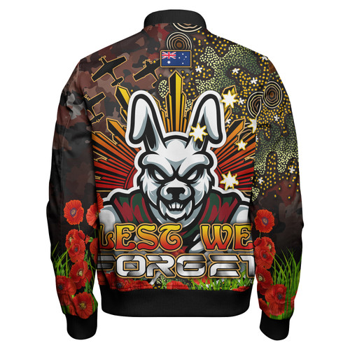 Australia Rabbitohs Bomber Jacket - Anzac Souths with Remembrance Poppy and Indigenous Patterns Bomber Jacket Australia Rabbitohs Bomber Jacket - Anzac Souths with Remembrance Poppy and Indigenous Patterns Bomber Jacket