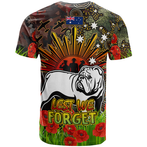 Canterbury-Bankstown Bulldogs Custom T-Shirt - Anzac Bulldog with Remembrance Poppy and Indigenous Patterns T-Shirt