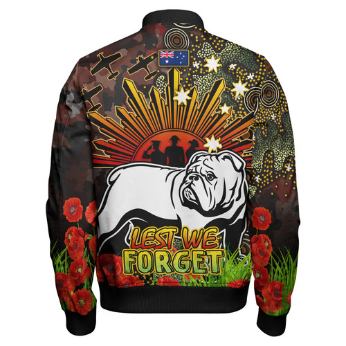 Canterbury-Bankstown Bulldogs Bomber Jacket - Anzac Bulldog with Remembrance Poppy and Indigenous Patterns Bomber Jacket Canterbury-Bankstown Bulldogs Bomber Jacket - Anzac Bulldog with Remembrance Poppy and Indigenous Patterns Bomber Jacket