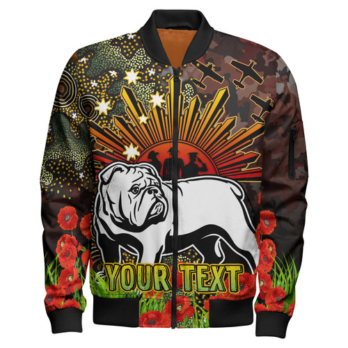 Canterbury-Bankstown Bulldogs Bomber Jacket - Anzac Bulldog with Remembrance Poppy and Indigenous Patterns Bomber Jacket Canterbury-Bankstown Bulldogs Bomber Jacket - Anzac Bulldog with Remembrance Poppy and Indigenous Patterns Bomber Jacket