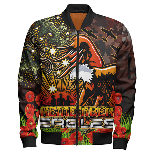 Manly Warringah Sea Eagles Bomber Jacket - Anzac Manly Warringah Sea Eagles with Remembrance Poppy and Indigenous Patterns Bomber Jacket