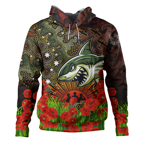 Cronulla-Sutherland Sharks Anzac Hoodie - Custom Anzac Remembrance Poppy and Indigenous Patterns Hoodie