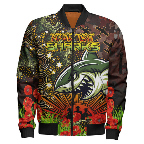 Cronulla-Sutherland Sharks Bomber Jacket - Custom Anzac Cronulla-Sutherland Sharks with Remembrance Poppy and Indigenous Patterns Bomber Jacket Cronulla-Sutherland Sharks Bomber Jacket - Custom Anzac Cronulla-Sutherland Sharks with Remembrance Poppy and Indigenous Patterns Bomber Jacket