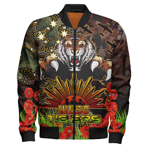Wests Tigers Bomber Jacket - Custom Anzac Wests Tigers with Remembrance Poppy and Indigenous Patterns Bomber Jacket