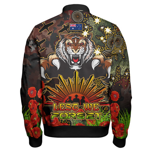 Wests Tigers Bomber Jacket - Custom Anzac Wests Tigers with Remembrance Poppy and Indigenous Patterns Bomber Jacket Wests Tigers Bomber Jacket - Custom Anzac Wests Tigers with Remembrance Poppy and Indigenous Patterns Bomber Jacket