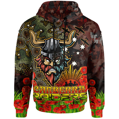Canberra Raiders Hoodie - Custom Anzac Canberra Raiders with Remembrance Poppy and Indigenous Patterns Hoodie