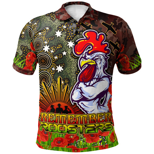 Sydney Roosters Polo Shirt - Custom Anzac Sydney Roosters with Remembrance Poppy and Indigenous Patterns Polo Shirt