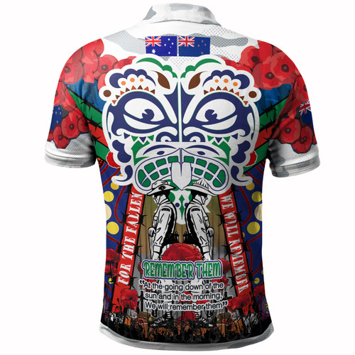 New Zealand Anzac Watercolor Custom Polo Shirt - Remembrance Anzac Day With Maori Tiki Mask And Poppy Flower New Zealand Anzac Watercolor Custom Polo Shirt - Remembrance Anzac Day With Maori Tiki Mask And Poppy Flower