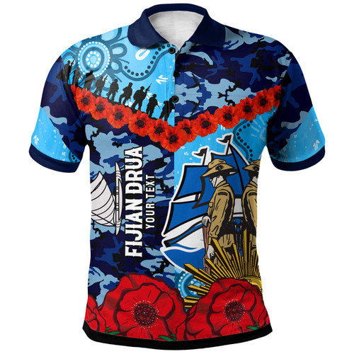 Fijian Drua Rugby Polo Shirt - Custom Anzac Day Fijian Drua Remembrance with Aboriginal Inspired Pattern Polo Shirt Fijian Drua Rugby Polo Shirt - Custom Anzac Day Fijian Drua Remembrance with Aboriginal Inspired Pattern Polo Shirt