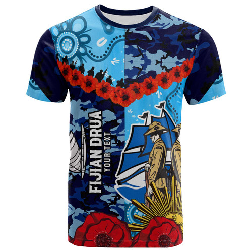 Fijian Drua Rugby T-shirt - Custom Anzac Day Fijian Drua Remembrance with Aboriginal Inspired Pattern T-shirt Fijian Drua Rugby T-shirt - Custom Anzac Day Fijian Drua Remembrance with Aboriginal Inspired Pattern T-shirt