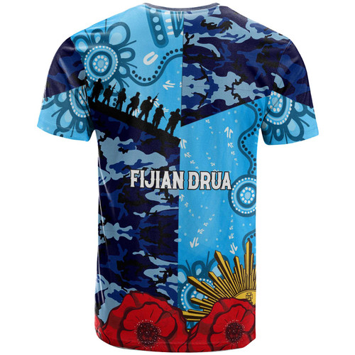 Fijian Drua Rugby T-shirt - Custom Anzac Day Fijian Drua Remembrance with Aboriginal Inspired Pattern T-shirt Fijian Drua Rugby T-shirt - Custom Anzac Day Fijian Drua Remembrance with Aboriginal Inspired Pattern T-shirt