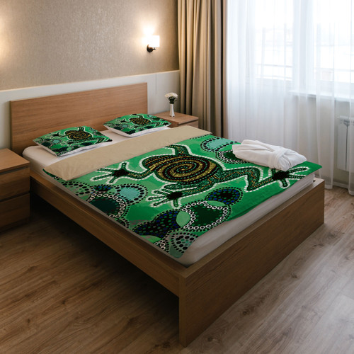 Australia Aboriginal Bedding Set - Indigenous Green Frog Watercolor Dot Art Painting Australia Aboriginal Bedding Set - Indigenous Green Frog Watercolor Dot Art Painting