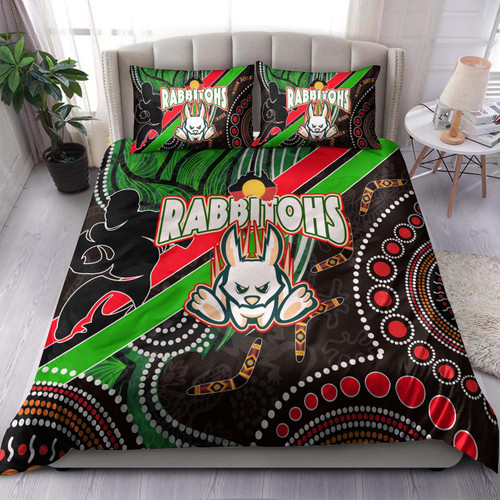 Australia Rabbitohs Anzac Aboriginal Inspired Bedding Set - Australia Rabbitohs Remembrance Day with Poppy Flower Bedding Set