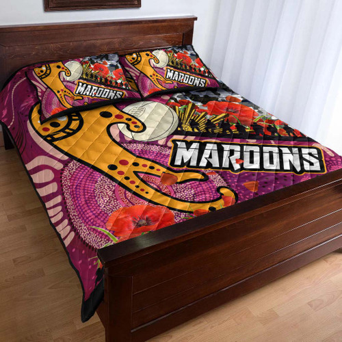 Maroons Rugby Anzac Aboriginal Inspired Quilt Bed Set - Maroons Aboriginal Inspired Pattern with Anzac Day Poppy Flower Quilt Bed Set Maroons Rugby Anzac Aboriginal Inspired Quilt Bed Set - Maroons Aboriginal Inspired Pattern with Anzac Day Poppy Flower Quilt Bed Set