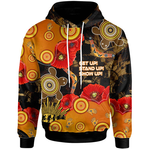 Australia Anzac Day and Naidoc Week Hoodie - Poppy Flower with Aboriginal Inspired Style and Turtle Indigenous Hoodie