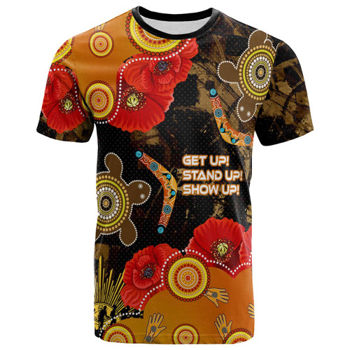 Australia Anzac Day and Naidoc Week T-shirt - Poppy Flower with Aboriginal Inspired Style and Turtle Indigenous T-shirt